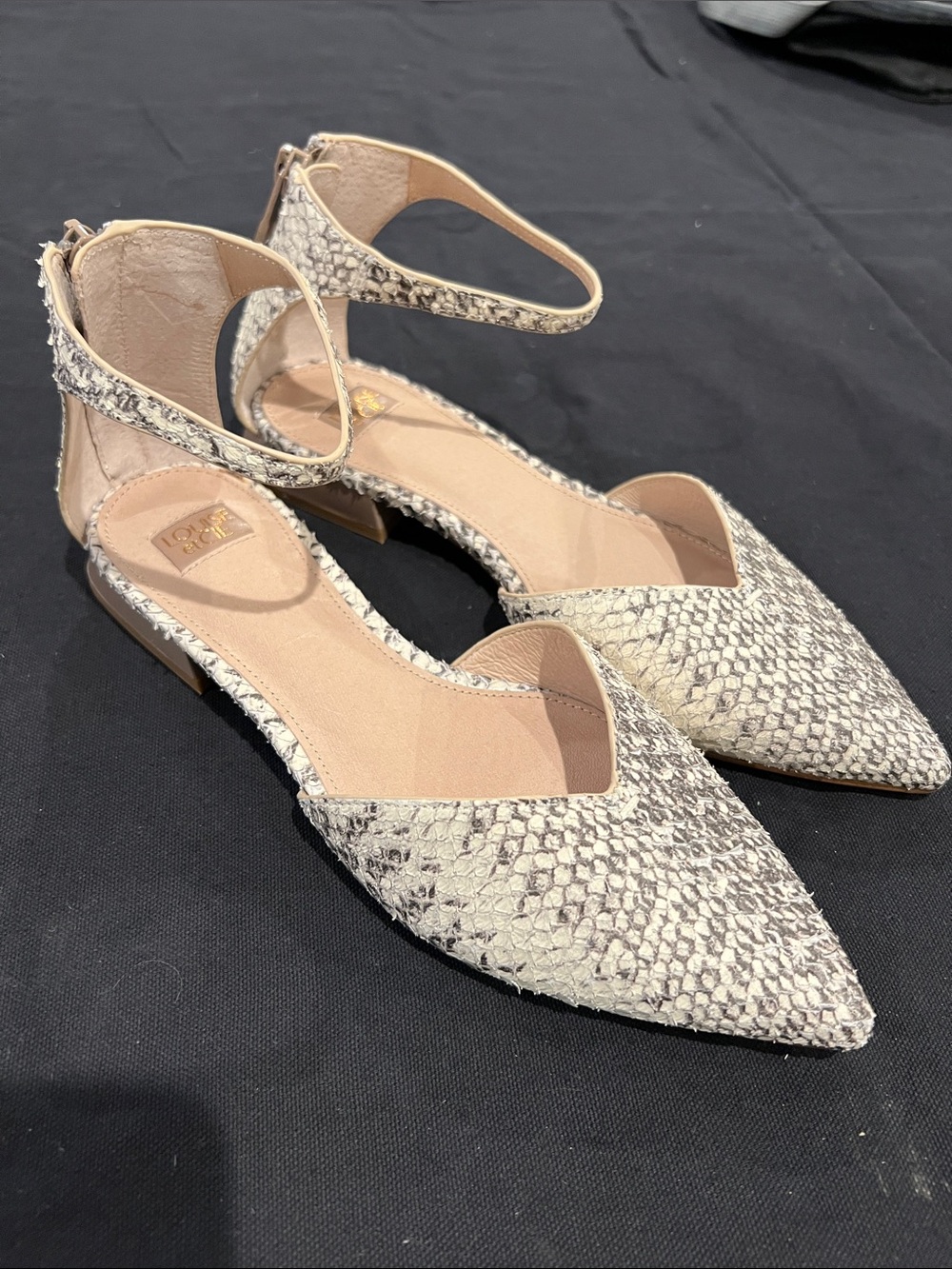 NWOT Louise et Cie Snake-Print Pointed D'Orsay Flats in Beige and Gray